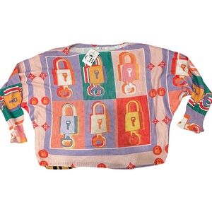 Locked Away Italian St Tropez Padlock Sweater Colorful Graphic Knit Top NWT